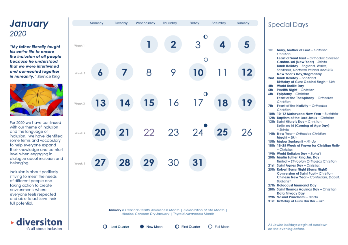The World s Leading Diversity Calendar For All Your Staff Online Calendars Bespoke Printed